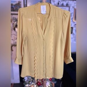 Honey Yellow Scalloped Women's Button Down 1/3 Sleeve Top